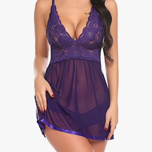 NWT purple halter chemise babydoll set in lace and mesh - Picture 3 of 6